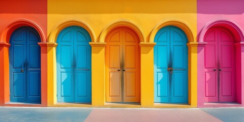 Doors in bright yellow, orange, and pink wall segments with striking blue doors, expressing vibrancy and a welcoming facade