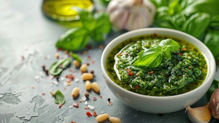 Fresh homemade basil pesto sauce in white bowl with ingredients