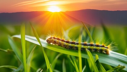 a close up of a caterpillar on a leaf in a field of grass with the sun in the background