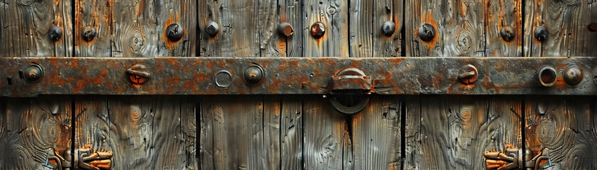 Rustic Wooden Door: Close-Up of Textured Wooden Door with Vintage Hardware Details