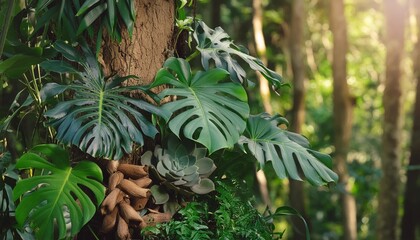 jungle tree trunk with climbing monstera monstera deliciosa birdrs nest fern philodendron and...