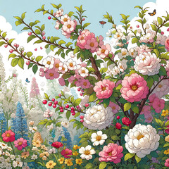 illustration with flowers in the garden, pink flowers,postcard,generative AI,background