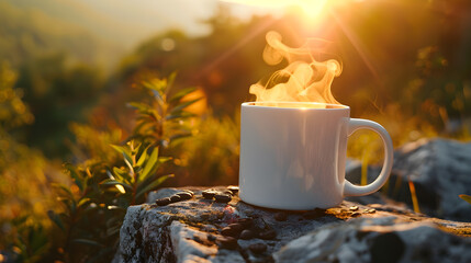 White coffee mug with warm smoke placed on a rock in the middle of nature with the morning sun.