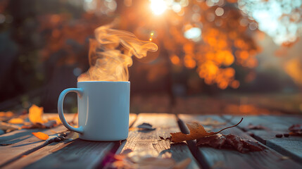 A white coffee mug with warm smoke sits on a table amidst nature and the morning sun.