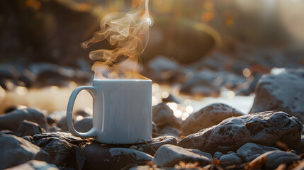 White coffee mug with warm smoke placed on a rock in the middle of nature with the morning sun.