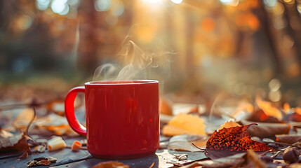 A red coffee mug with warm smoke is placed on a table amidst nature and the morning sun.