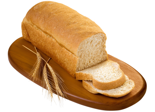 tábua de madeira com pão de forma integral isolado em fundo transparente