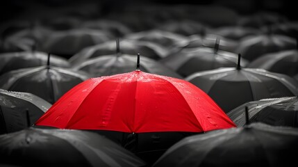 Bunch of black umbrellas with single red one