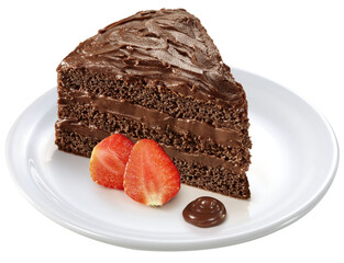 prato com fatia de bolo de chocolate ao leite acompanhado de morango isolado em fundo transparente