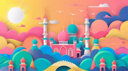 Obraz premium Vibrant and colorful illustration of a fantastical mosque landscape set amid rolling hills under a bright sun.