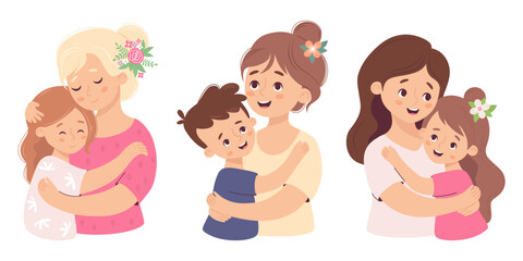 Fototapeta premium Cute mother with daughter and son. Happy family collection. Beautiful woman tenderly hugging their child. Vector illustration. Isolated holiday character 