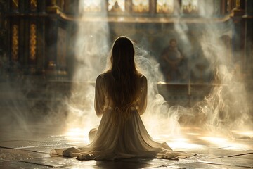 A profound scene unfolds in a sacred room as a person kneels in prayer, seeking guidance from the Holy Spirit of God.