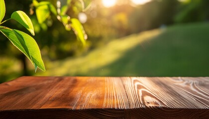 empty wooden table smooth surface in brown color with blurred background and sunlight reflection...