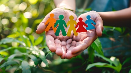 Hands holding colorful paper people in a lush garden. Care, unity, diversity concept. Focus on community and environmental preservation. Ideal for social campaigns. AI