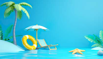 Minimal design of summer scene background wallpaper with people sitting on deckchair  with beach umbrella in sunlight mood.vacation and relax concepts design