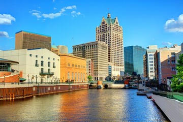 Scenic Milwaukee RiverWalk: 4K Image Capturing the Heart of Downtown Riverside Promenade