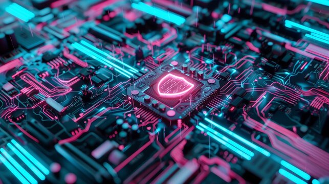 A vibrant and detailed illustration of a cybernetic circuit board with neon lights and central shield icon.