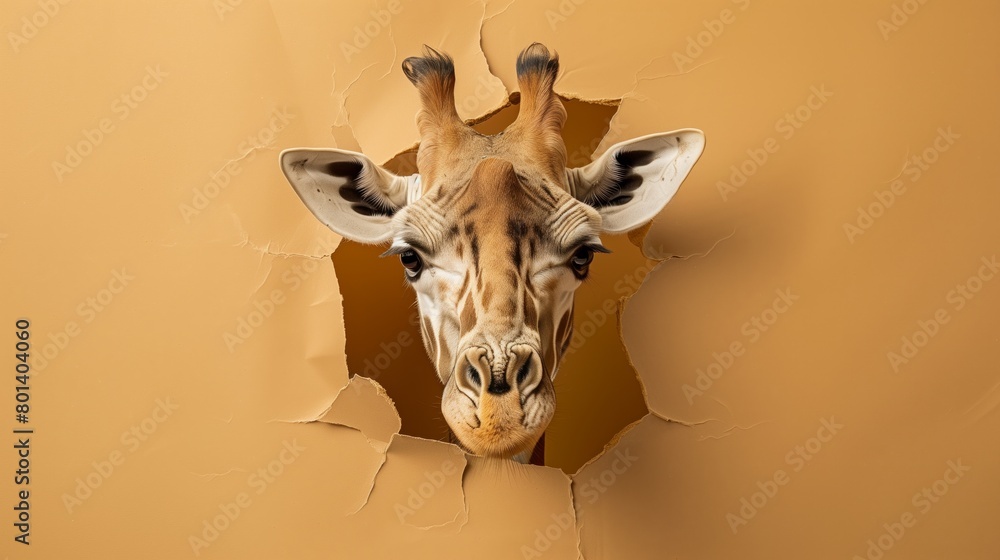 Canvas Prints Close-up view of a giraffe's head peeking through a torn golden paper background.