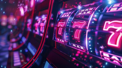 Vibrant close-up of slot machine screens displaying icons like BAR and lucky sevens in a neon-lit casino setting.