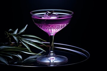 Bold and simple composition of a purple cocktail in a tall glass, starkly offset by a deep black background, ideal for impactful messaging