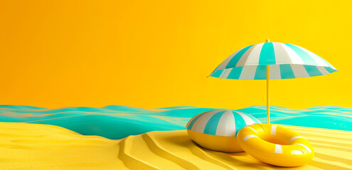 Minimal design of summer scene background wallpaper with people itting on deckchair  with beach umbrella in sunlight mood.vacation and relax concepts design