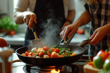 Couple Cooking Together in a Kitchen Frying Vegetables on a Stove