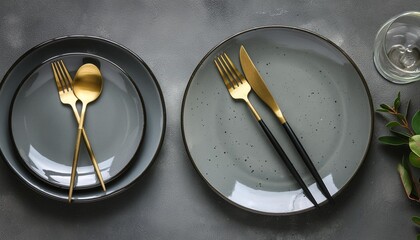 gray plates and golden cutlery gray grunge background dishes for table setting modern craft ceramics top view flat lay