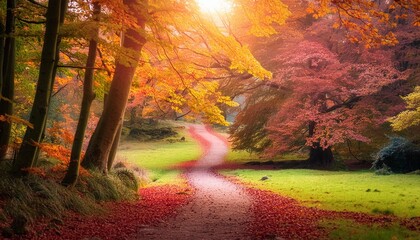 scenic path with enchanting sunlight adorning the colorful woodland with red and yellow foliage on...