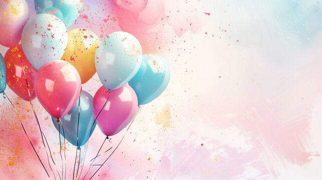 Vibrant image of colorful balloons with a splattered paint background in hues of pink and blue.