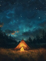 Tent in Field Under Night Sky
