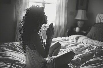 A profound scene unfolds in a sacred room as a person kneels in prayer, seeking guidance from the Holy Spirit of God. - obrazy, fototapety, plakaty