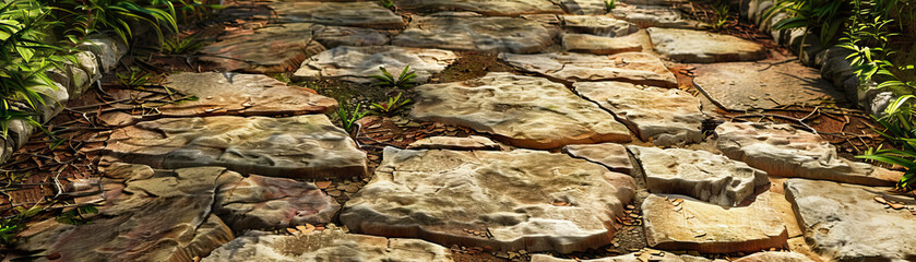 Weathered Stone Pathway: Close-Up of Textured Stone Pathway with Natural Elements