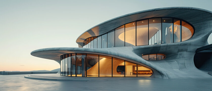 Isolated aerial drone shot, modern futuristic hyperbolic paraboloid sustainable design concrete eco home at sunset, golden hour, with photovoltaic solar panels. Minimalist, trendy, luxury, stylish