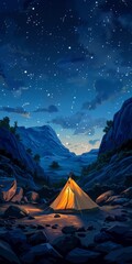 Tent Set Up in Mountains Under Night Sky