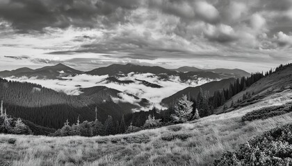 amazing carpathian panoramic landscape of misty mountain hills and cloudy sky in black and white ukraine