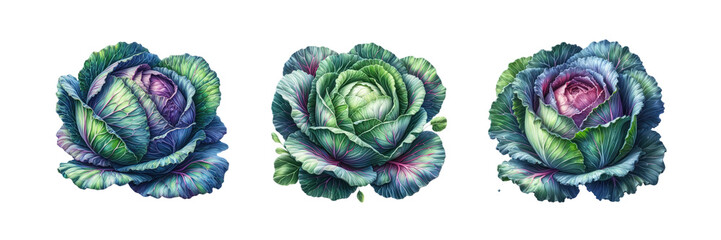 Obraz premium Set of Cabbage watercolor illustration, isolated over on transparent white background