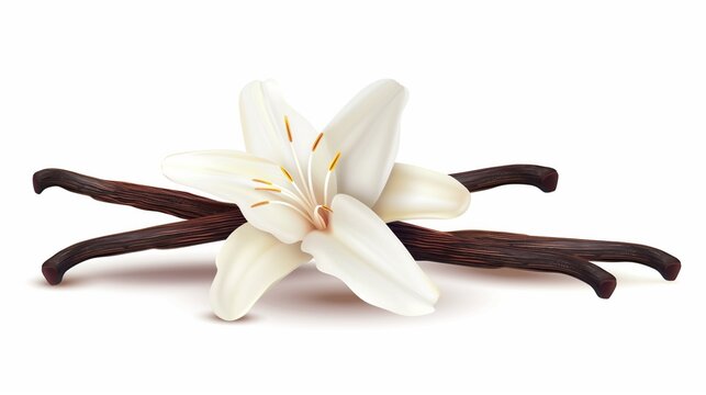 Highly detailed image of a white lily flower with brown vanilla pods on a white background.
