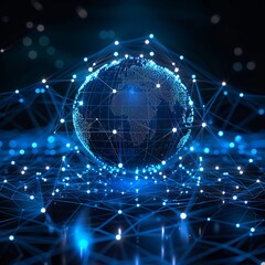 Fototapeta premium A glowing blue globe surrounded by a network of blue connections on a dark blue background.