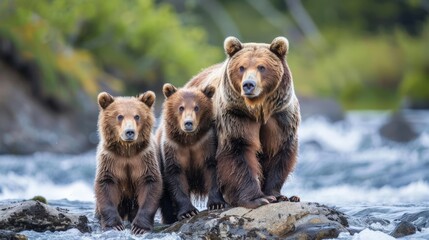 Bear family awaiting the salmon arrival at river waterfall
