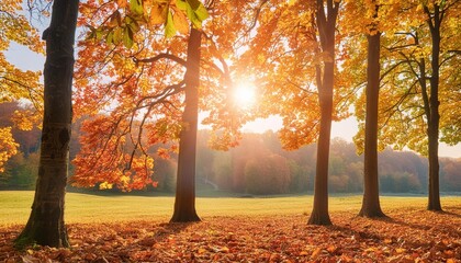 autumn scenery with a canopy of tall deciduous trees with the bright sun beautifully shining through the colorful foliage square format