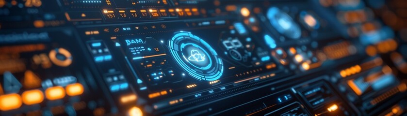 Fototapeta premium Futuristic spaceship control panel dashboard with glowing blue and orange lights