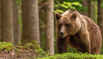 brown bear in the forest dangerous animal in nature wildlife scene panoramic banner with copy space