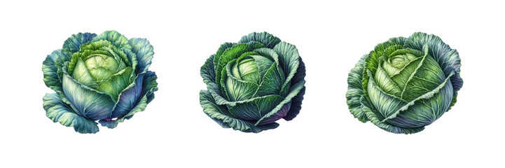 Obraz premium Set of Cabbage watercolor illustration, isolated over on transparent white background