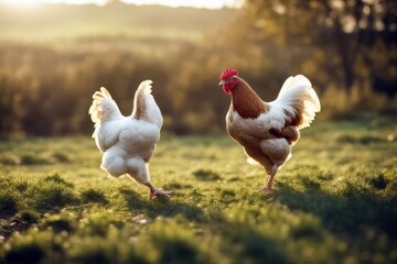 'free running chicken hen range meadow natural bird agriculture green white farmland red field feather grass summer outside farm poultry female farming animal run rural outdoors yard domestic nature'