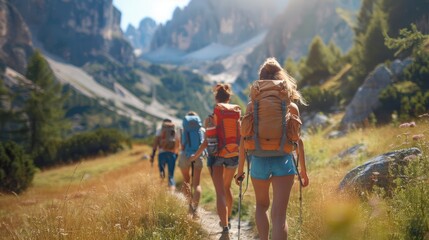 A group of hikers walking in the mountains.