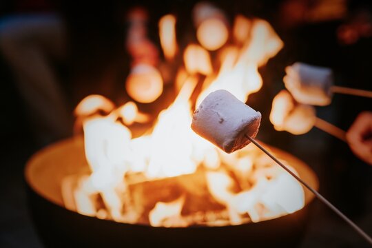 Friends enjoying s'mores and marshmellow together by the bonfire