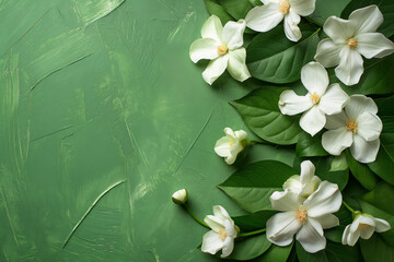 White gordenia flowers on a green background, Generative AI Art