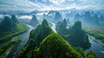 Awe-Inspiring Aerial View of Guilin's Breathtaking Landscape: A Bird's-Eye Perspective of the Majestic Scenery and Natural Beauty