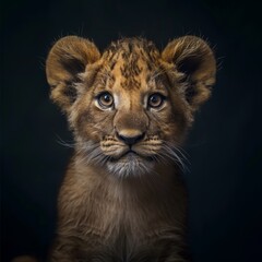 A baby lion cub is looking at the camera with its eyes wide open