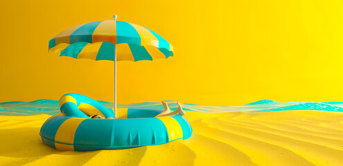 Minimal design of summer scene background wallpaper with people sitting on deckchair with beach umbrella in sunlight mood.vacation and relax concepts design